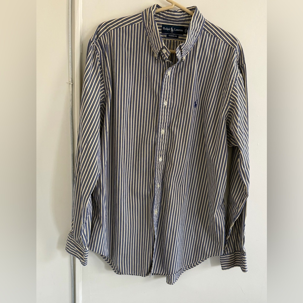Ralph Lauren Custom Fit Men’s size XL Button Down Blue White Yellow Stripe Shirt